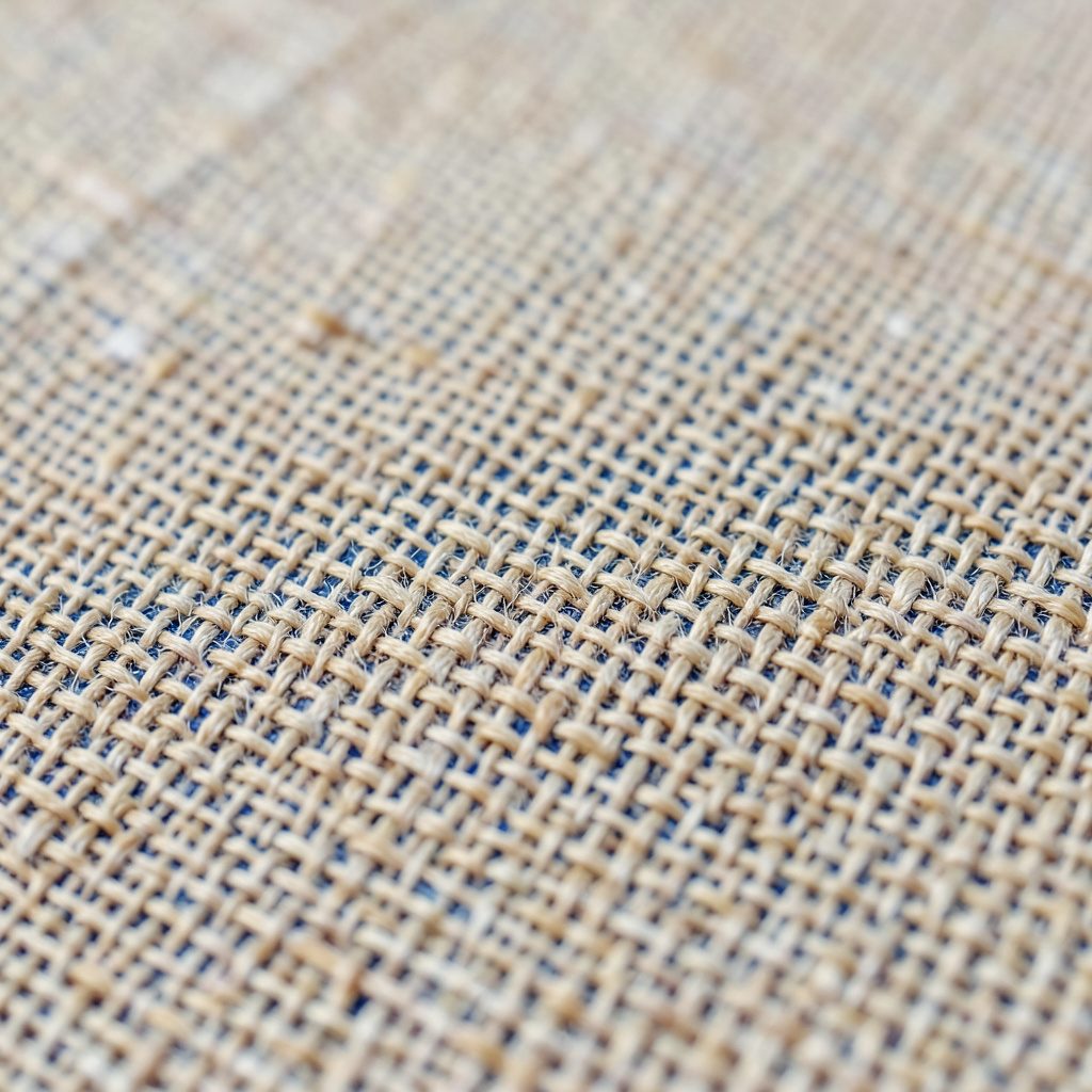 Gros plan extrême d'une texture de toile de lin naturel, fils irréguliers tissés serrés, teinte beige clair avec des nuances chaudes.