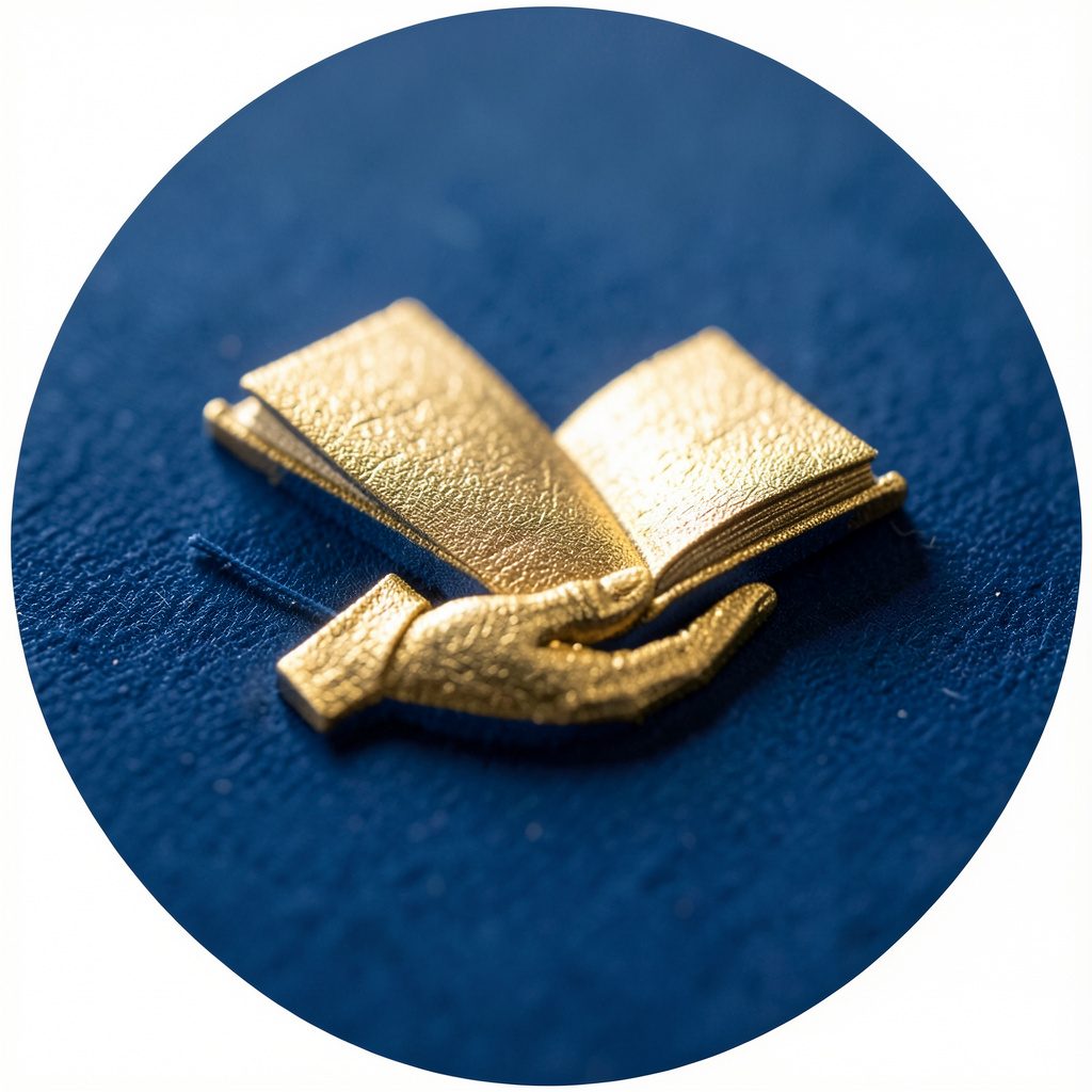 Icône ronde de couleur dorée et bleu marine représentant une main tenant un livre ouvert, style doux et chaleureux