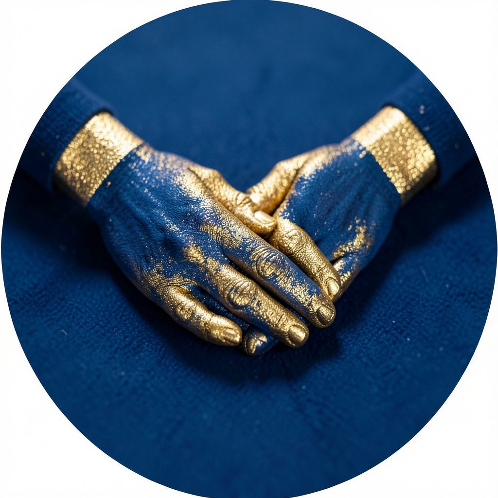 Icône ronde de couleur dorée et bleu marine représentant deux mains qui se rejoignent avec bienveillance