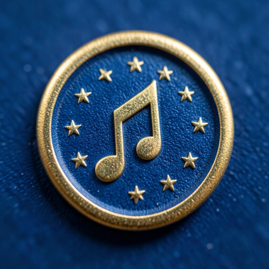 Icône ronde de couleur dorée et bleu marine représentant une note de musique entourée de petites étoiles