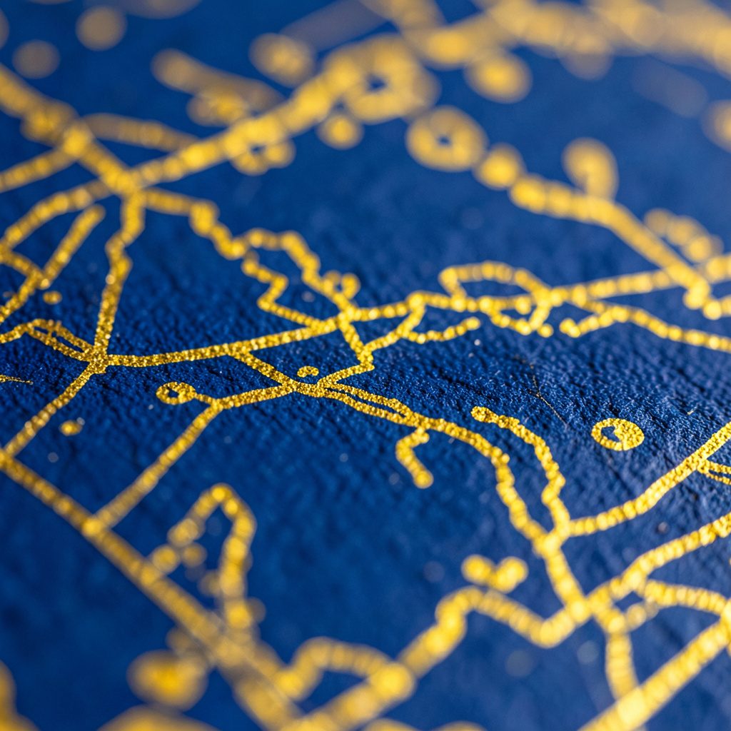 Gros plan sur des cartes imagiers colorées avec des motifs bleu marine et jaune doré