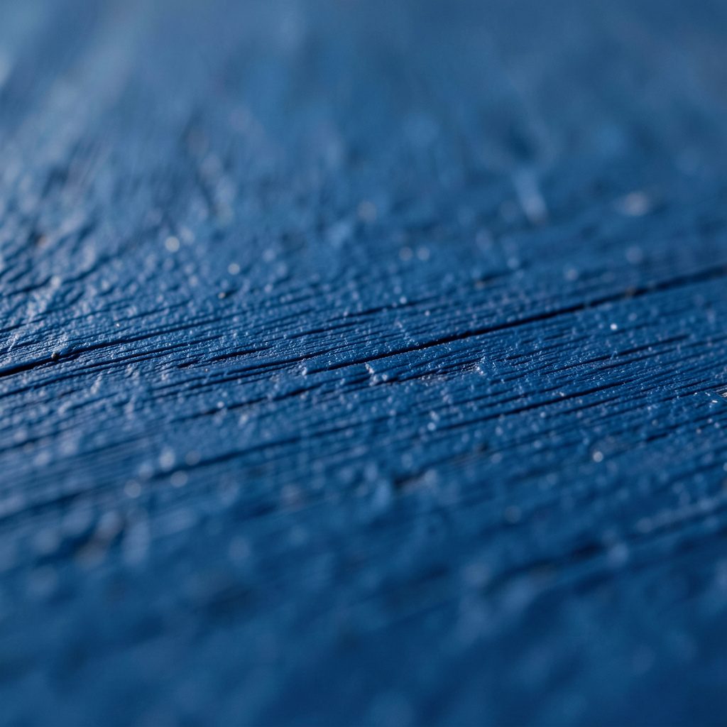 Gros plan extrême d'une texture de bois peint en bleu marine, grain du bois visible sous la peinture, surface mate légèrement usée.