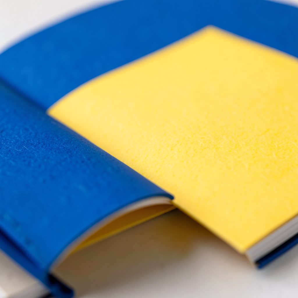 Photo rapprochée d'un livre pour enfants aux pages colorées jaune et bleu, texture douce du papier
